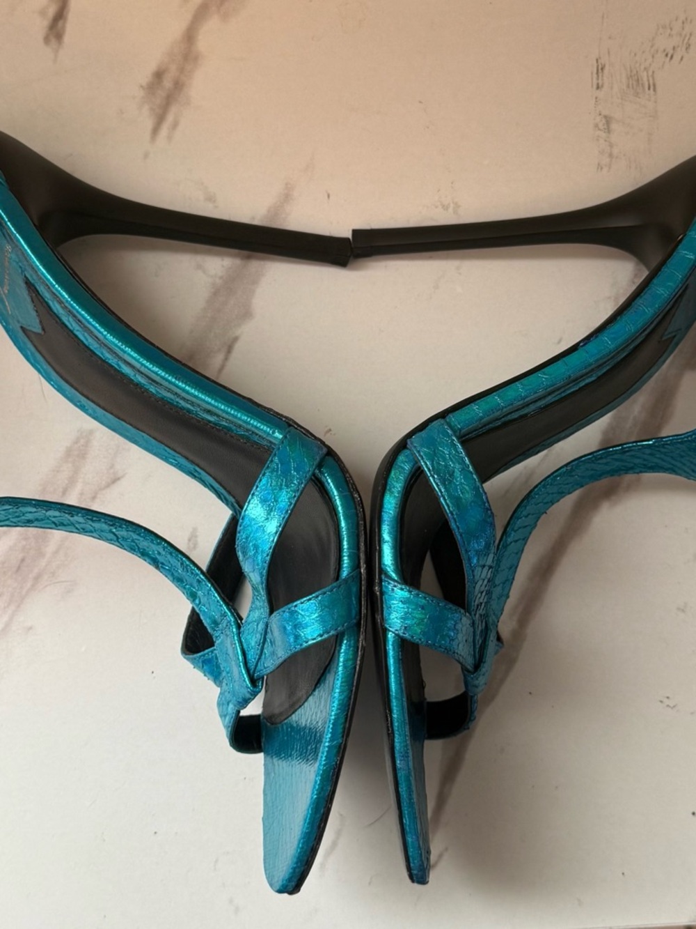 Brian Atwood Laetitia Turquoise Metallic Strappy Stiletto Sandals, GUC, Size 8 - Picture 3 of 14